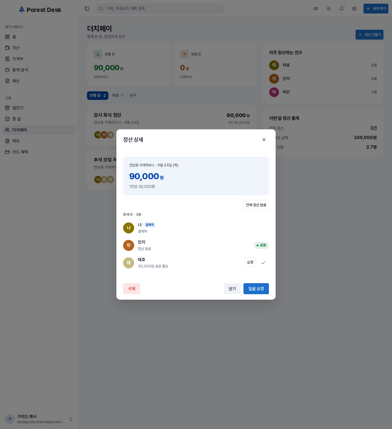 한 사람을 송금 완료 처리한 상태 — 정산 완료와 완료 표시로 바뀌고, 되돌리는 버튼은 없습니다