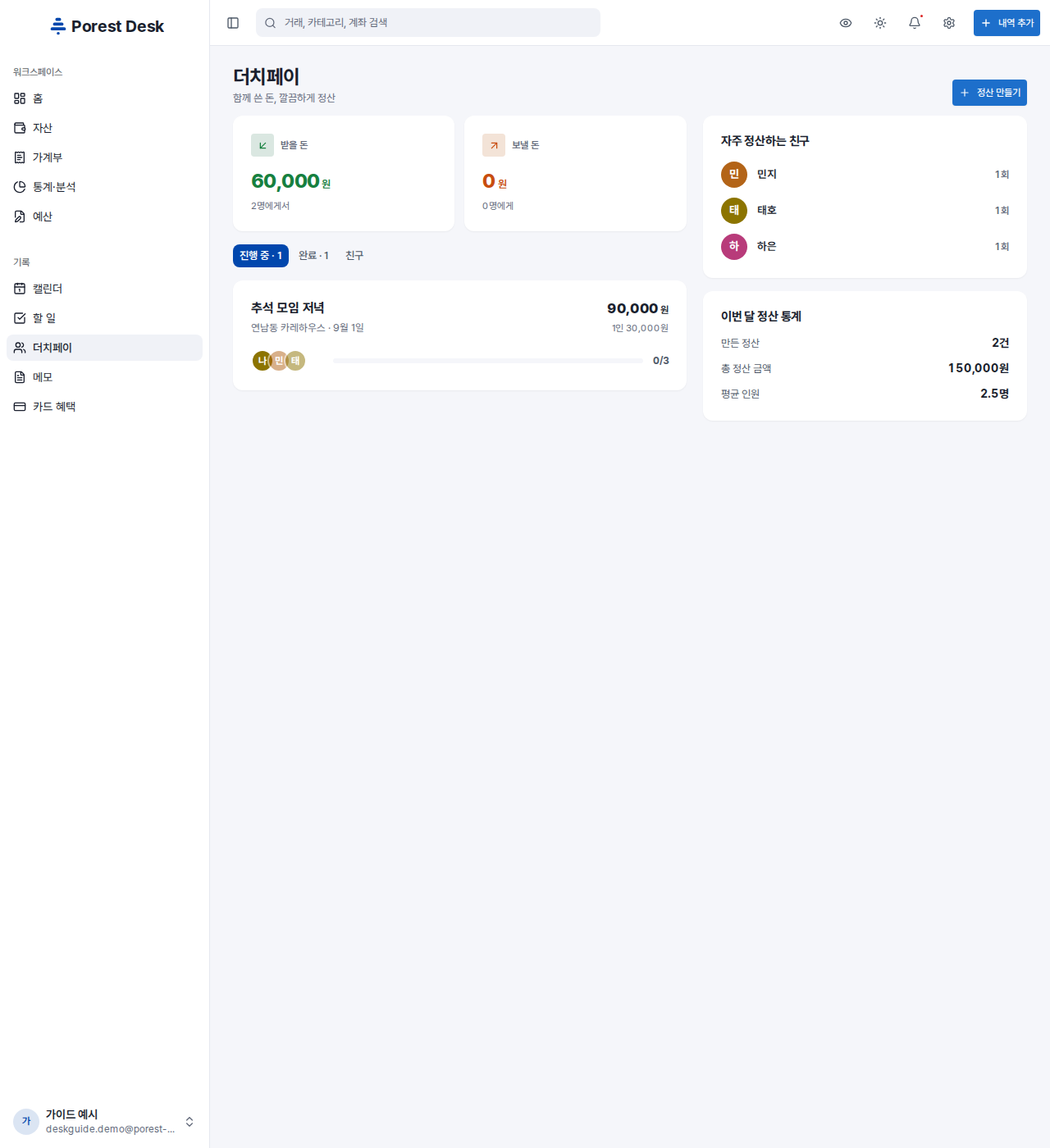 더치페이 화면 — 받을 돈 · 보낼 돈, 진행 중 · 완료 · 친구 탭, 오른쪽의 자주 정산하는 친구와 이번 달 정산 통계