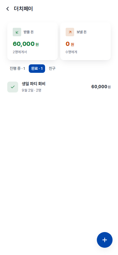 더치페이 목록의 완료 탭 — 끝난 정산은 체크 아이콘과 날짜 · 인원 · 총액으로 표시됩니다