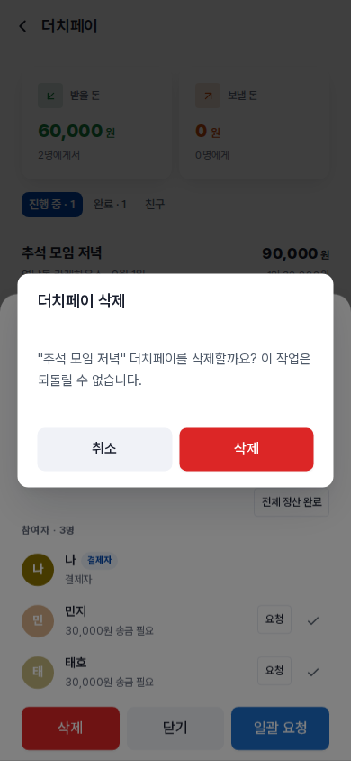 정산 삭제 확인 — 이 작업은 되돌릴 수 없습니다