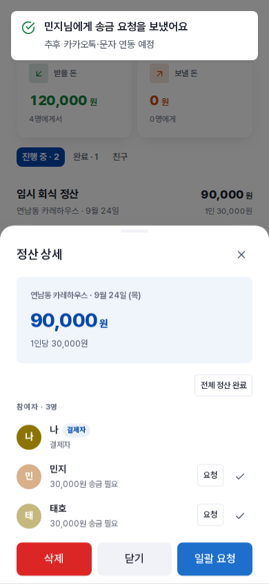 요청 버튼을 눌렀을 때 뜨는 안내 — 실제 메시지는 아직 나가지 않습니다